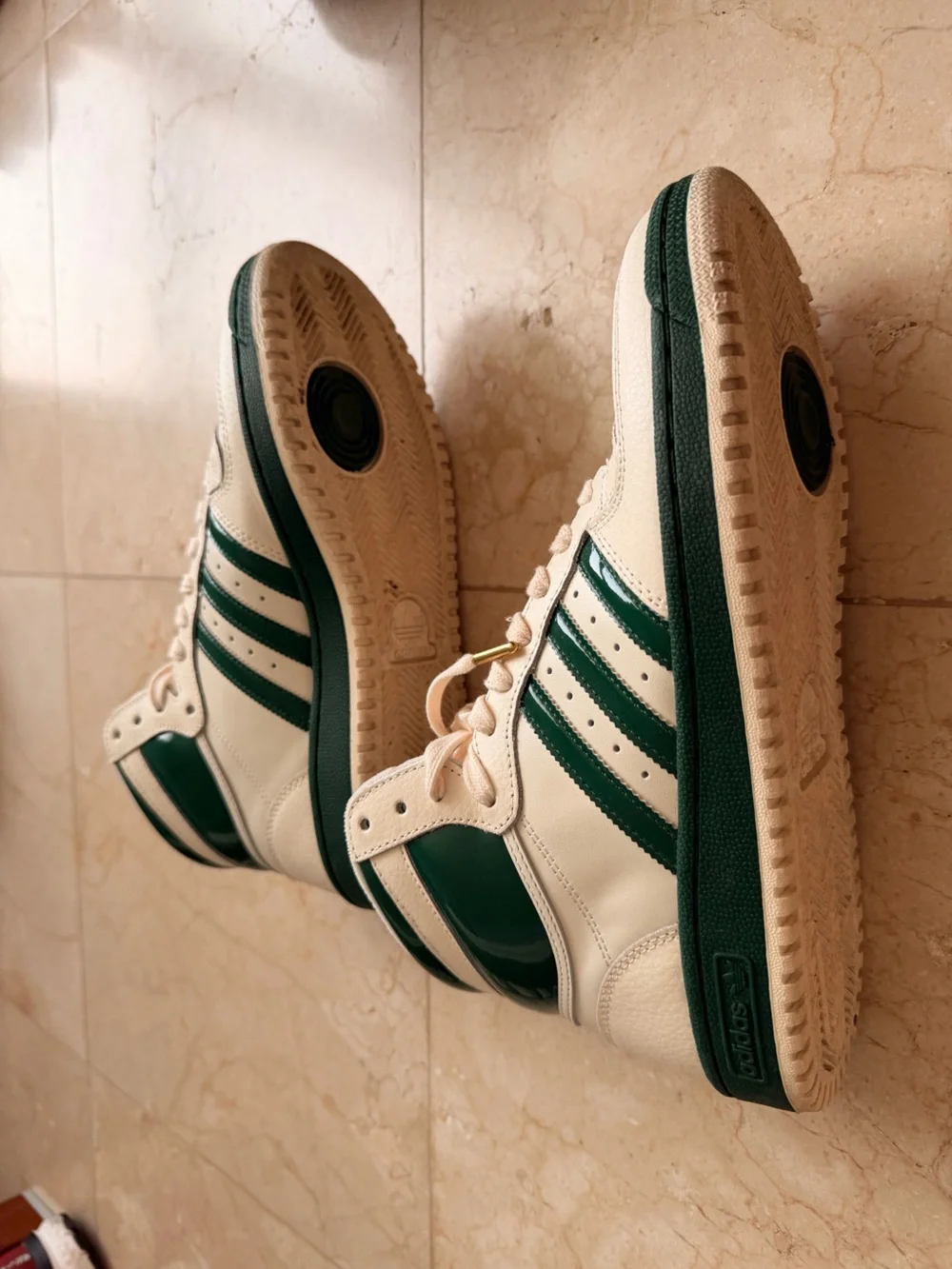 Adidas Cream and Dark Green High-Top Sneakers